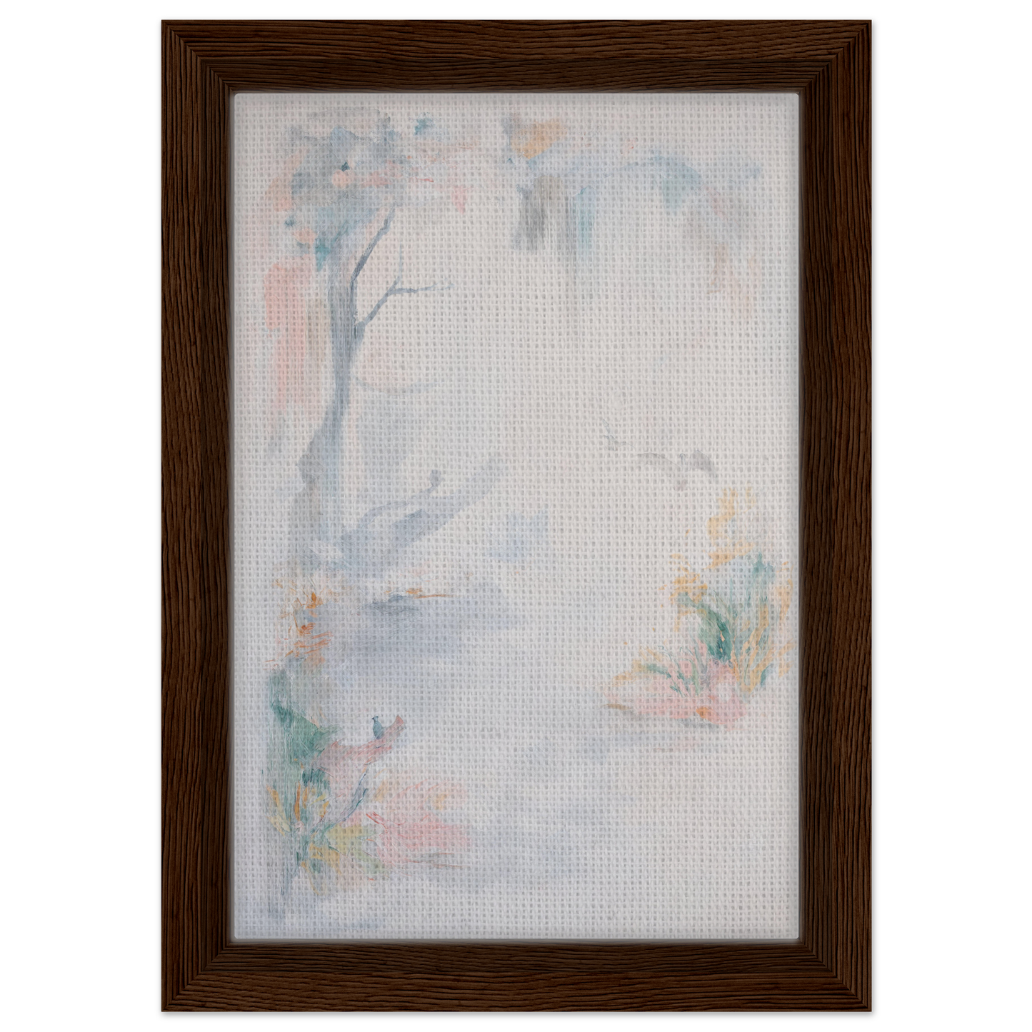 Framed canvas print of Aqua Mistscapade featuring soft pastel watercolor and floral elements