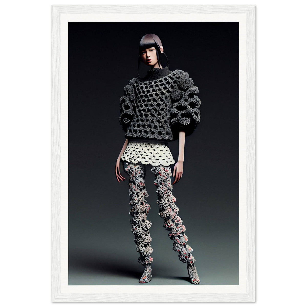 Arafed image of a woman in a black and white sweater and patterned pants