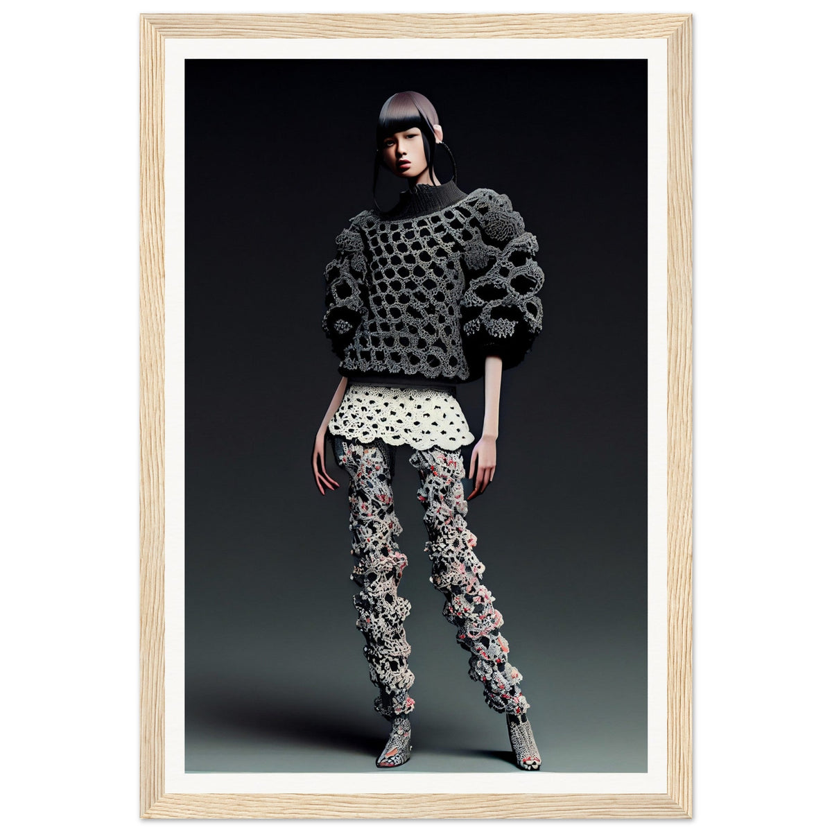 Arafed photograph of a woman in a black and white sweater and patterned pants