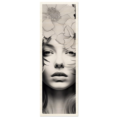 Portrait of a woman’s face partially obscured by floral elements.