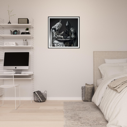 Minimalist bedroom with floating shelves, iMac, and framed photo from Armored Minds Duel