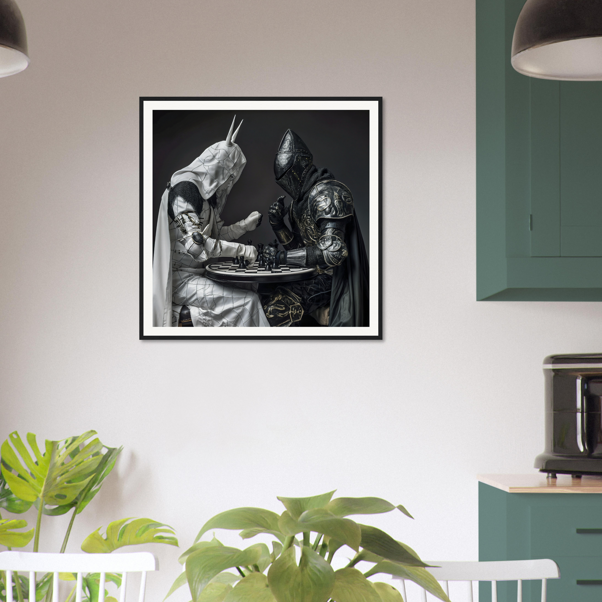 Framed black and white photo of two figures playing chess from Armored Minds Duel