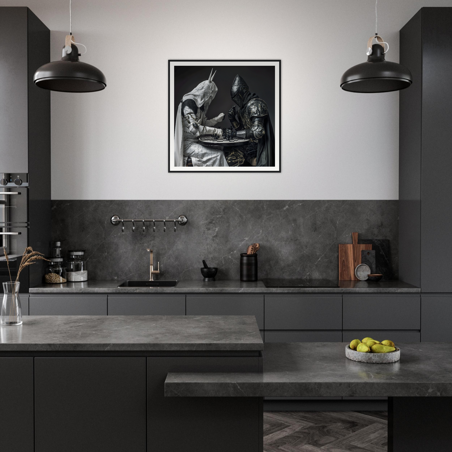 Modern dark grey kitchen featuring industrial pendant lights and Armored Minds Duel art