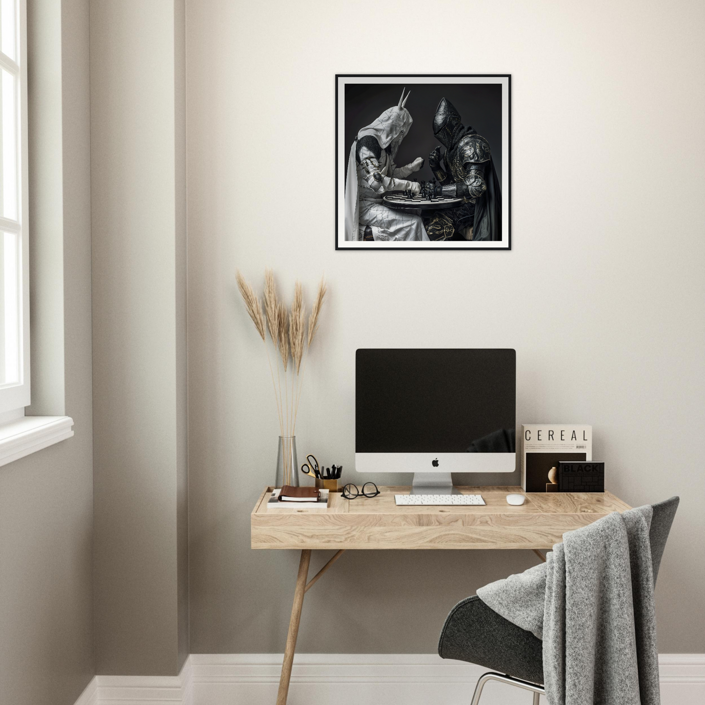 Minimalist wooden desk with iMac and pampas grass from Armored Minds Duel collection