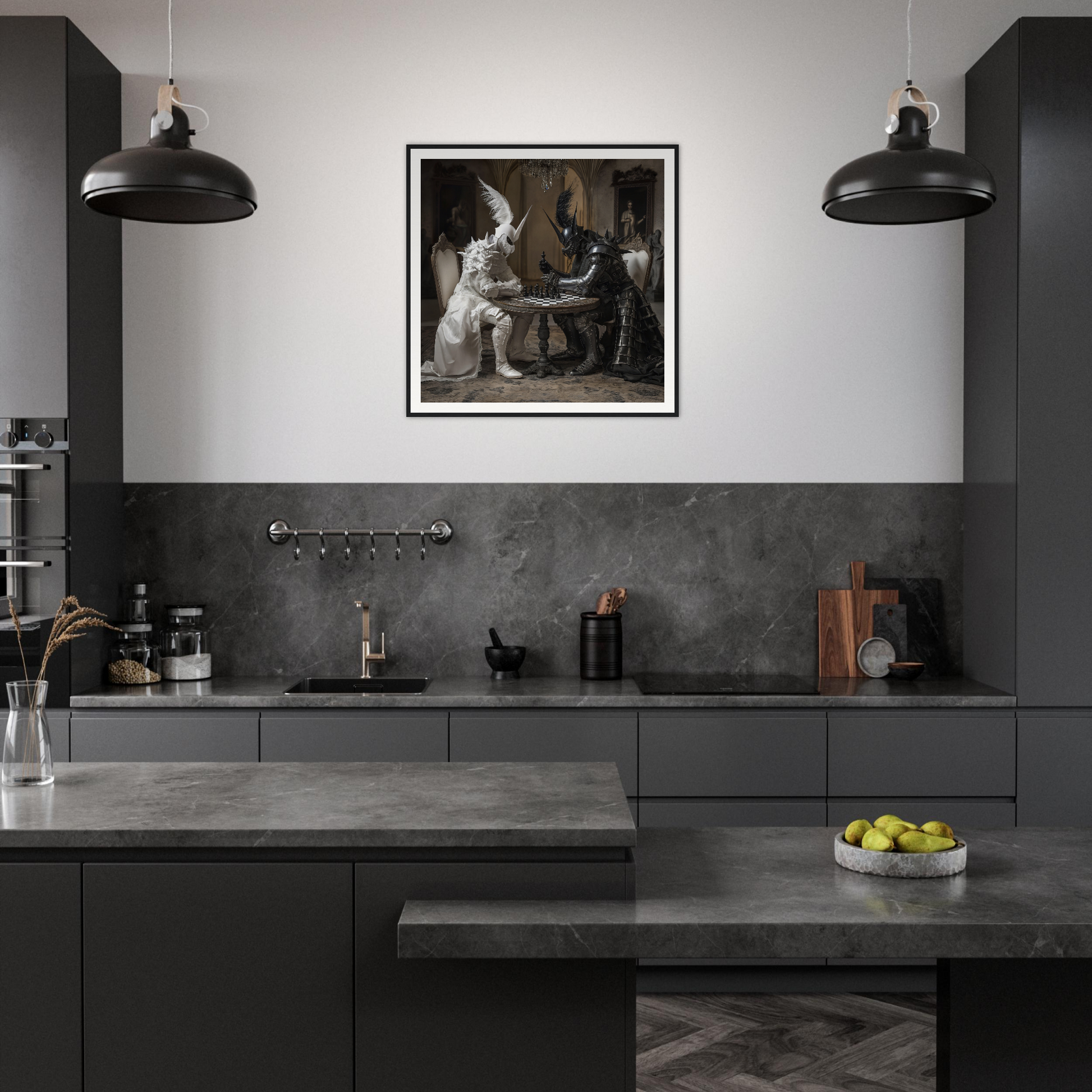 Modern dark gray kitchen with black lights and Armor’s Silent Gambit framed posters