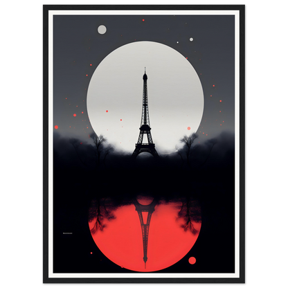 Eiffel Tower silhouette against a full moon with red reflection below.