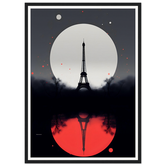 Eiffel Tower silhouette against a full moon with red reflection below.