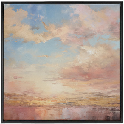 Pastel-colored abstract landscape painting with a cloudy sky and reflective water surface.