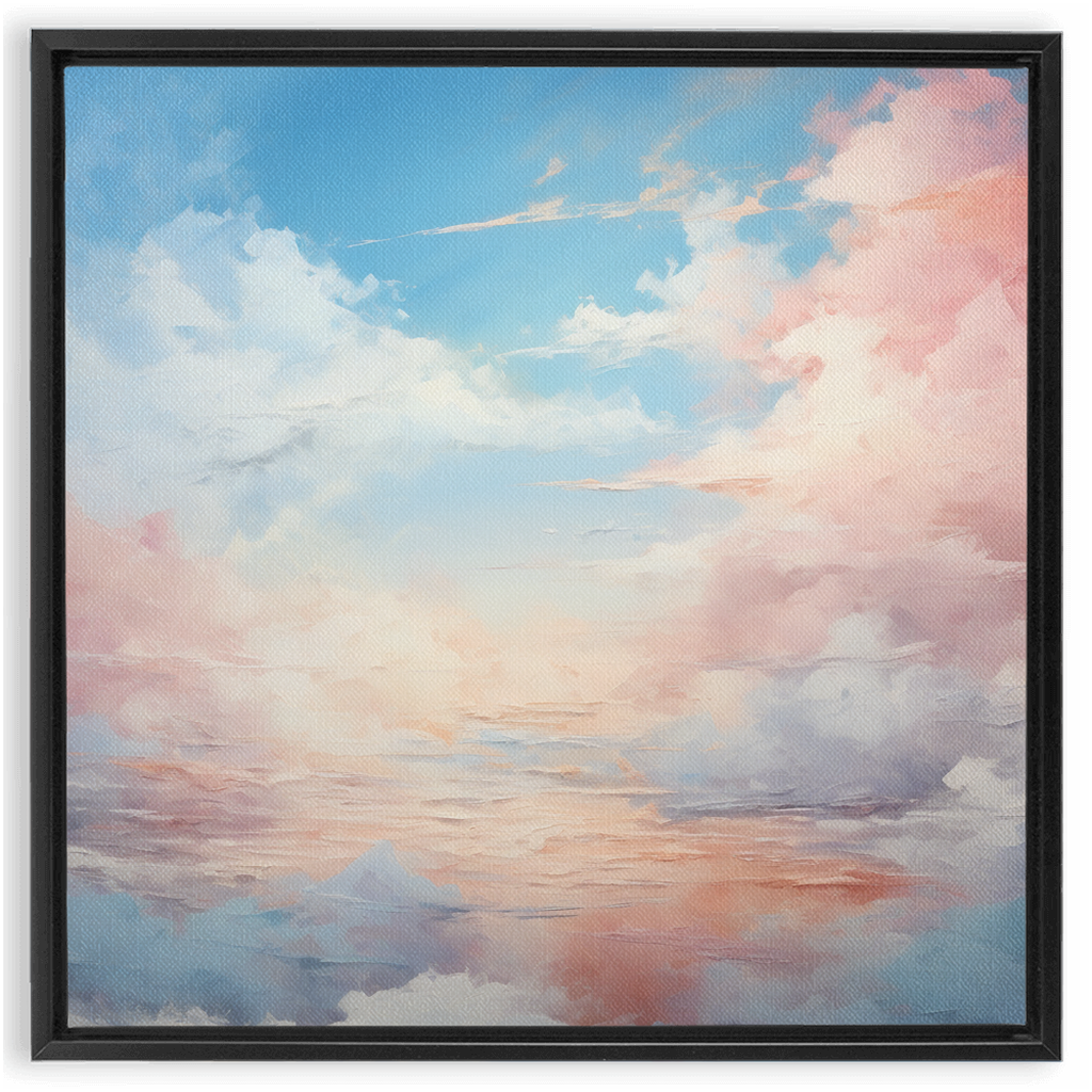 Framed painting of a pastel-colored cloudy sky.