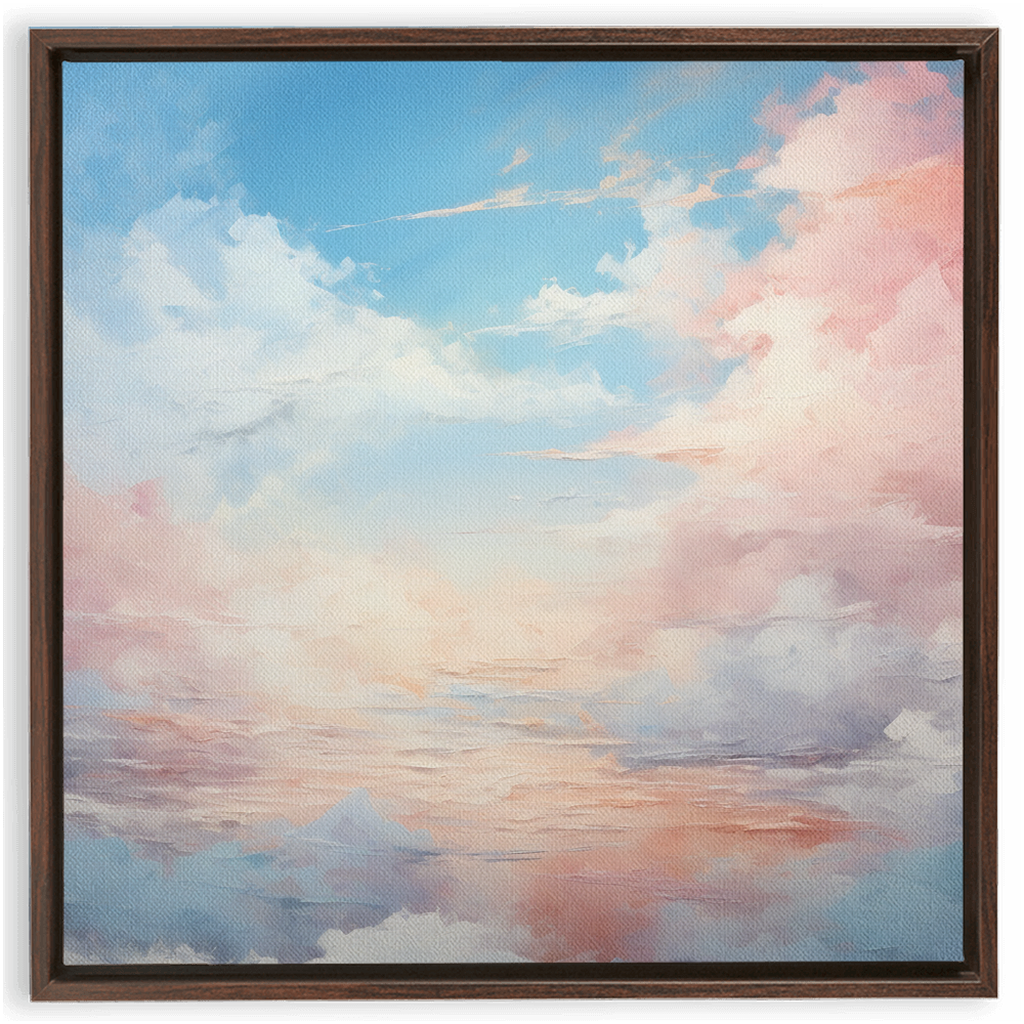 Framed painting of a pastel-colored cloudy sky.