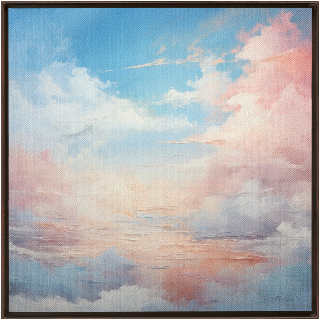 Painting of a pastel-colored sky with soft clouds at sunset or sunrise.