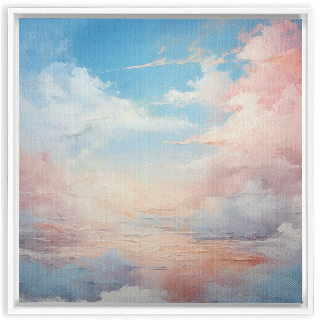 Pastel-colored sky painting with soft clouds and a dreamy atmosphere.