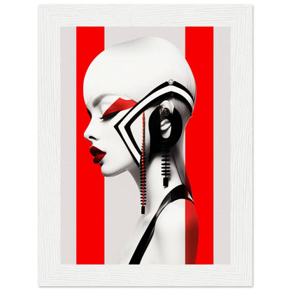 Stylized profile portrait of a figure with bold red and white contrasts and geometric elements.