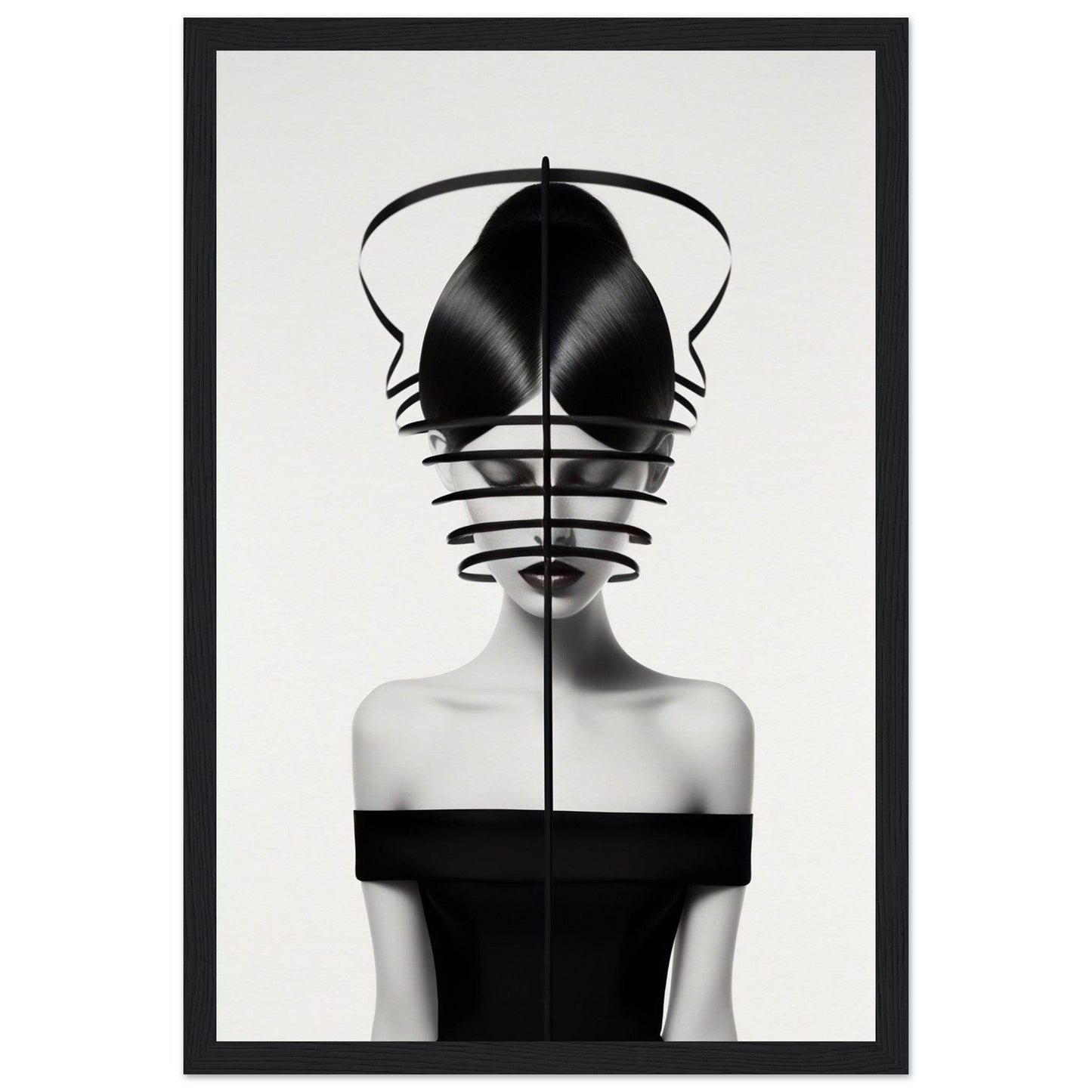 Striking black and white portrait of a figure wearing an elaborate geometric headpiece that obscures the upper half of their face.