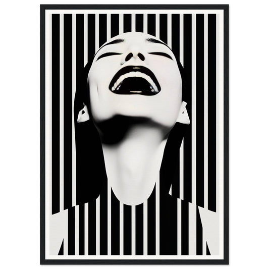 Dramatically lit face tilted upward with an open-mouthed expression against a striped background.