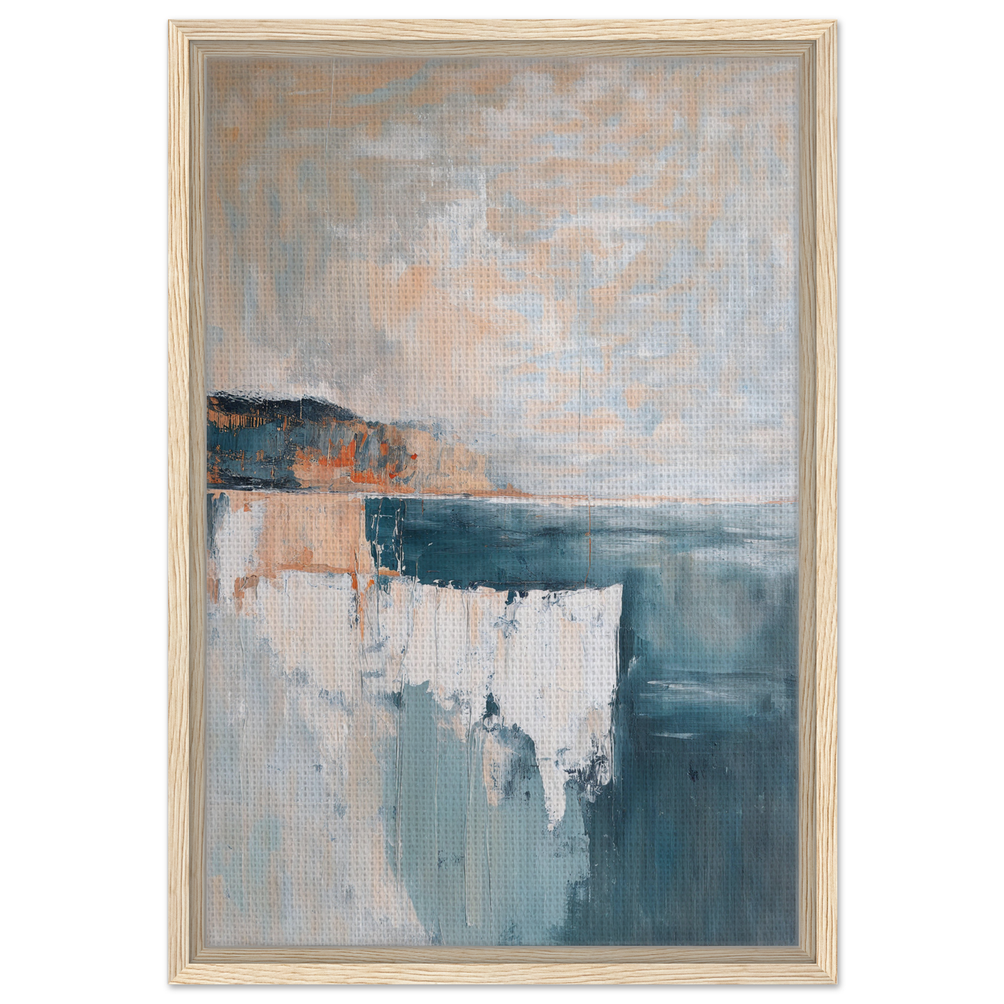 Abstract painting in muted teal, gray, and peach tones for Azure Dreamscape Reverie framed canvas print