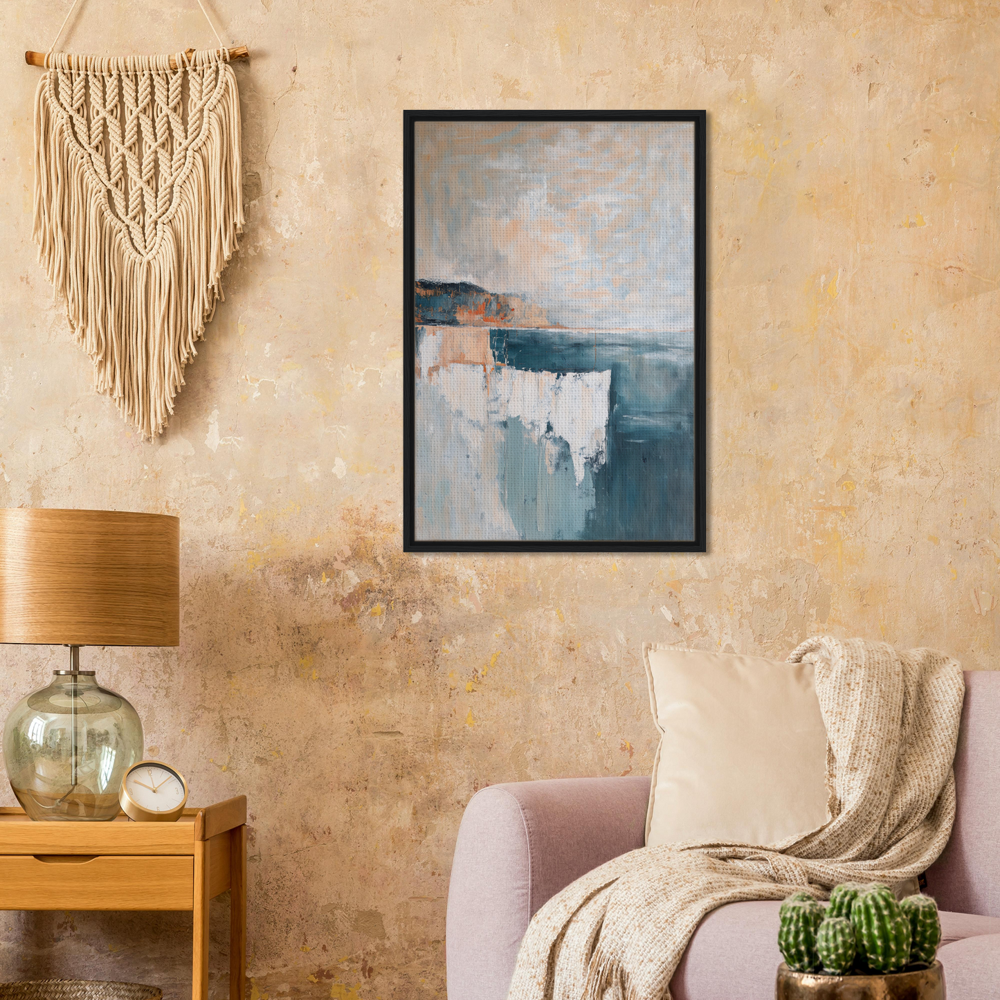 Framed abstract painting in muted blue and earthy tones for Azure Dreamscape Reverie room decor