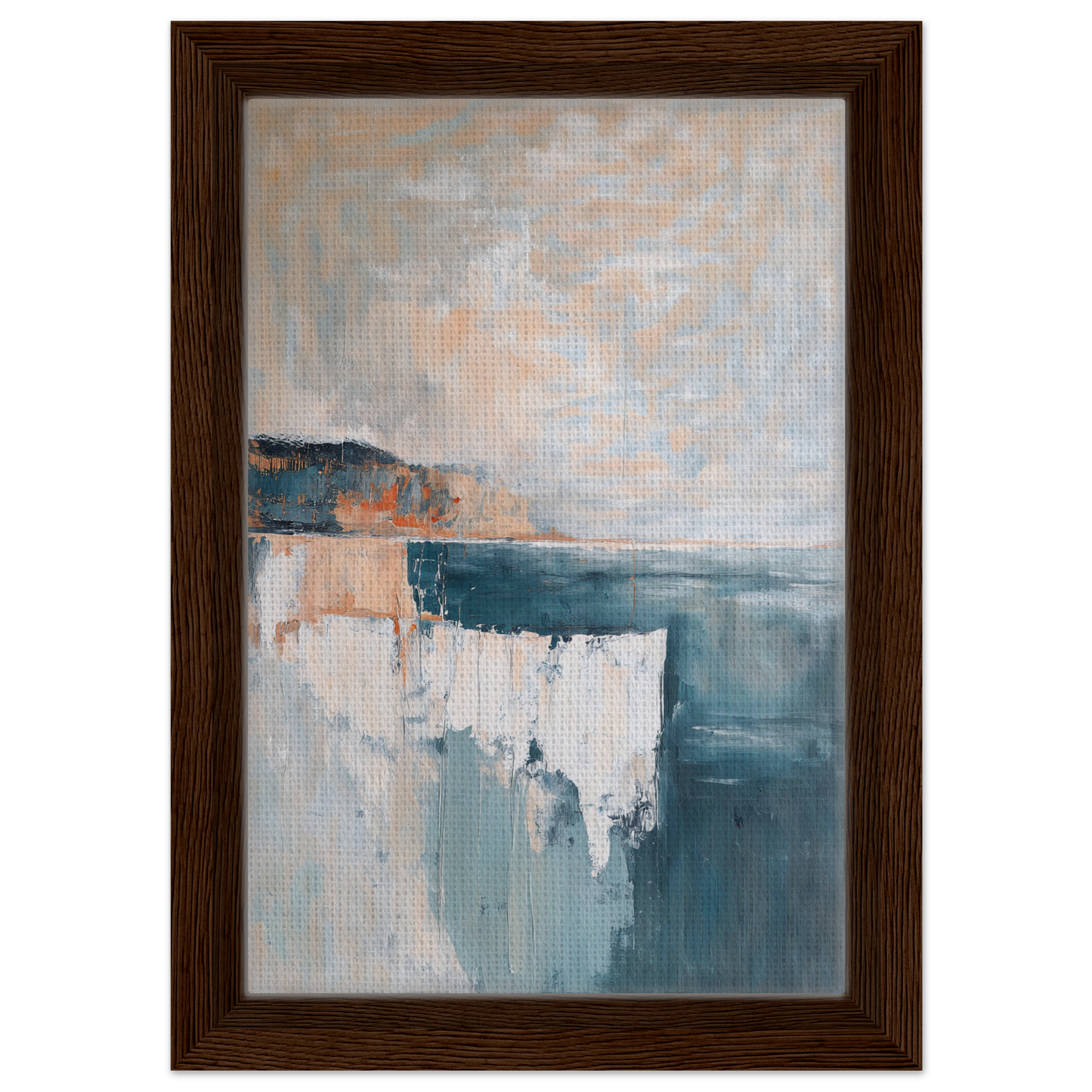 Abstract painting in muted blue, white, and peach tones of Azure Dreamscape Reverie