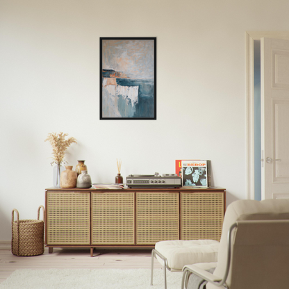 Wooden sideboard with cane-webbed doors and decorative items in Azure Dreamscape Reverie