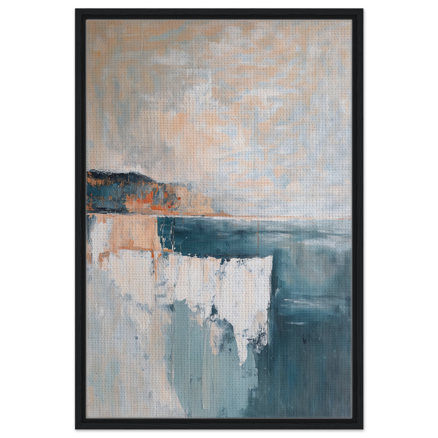 Abstract painting in muted blue, gray, and peach tones for Azure Dreamscape Reverie room decor