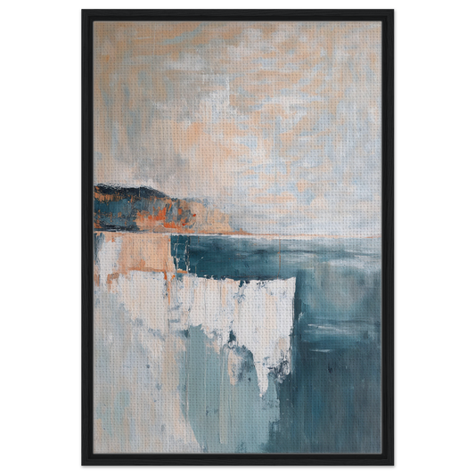 Abstract painting in muted blue, gray, and peach tones for Azure Dreamscape Reverie room decor