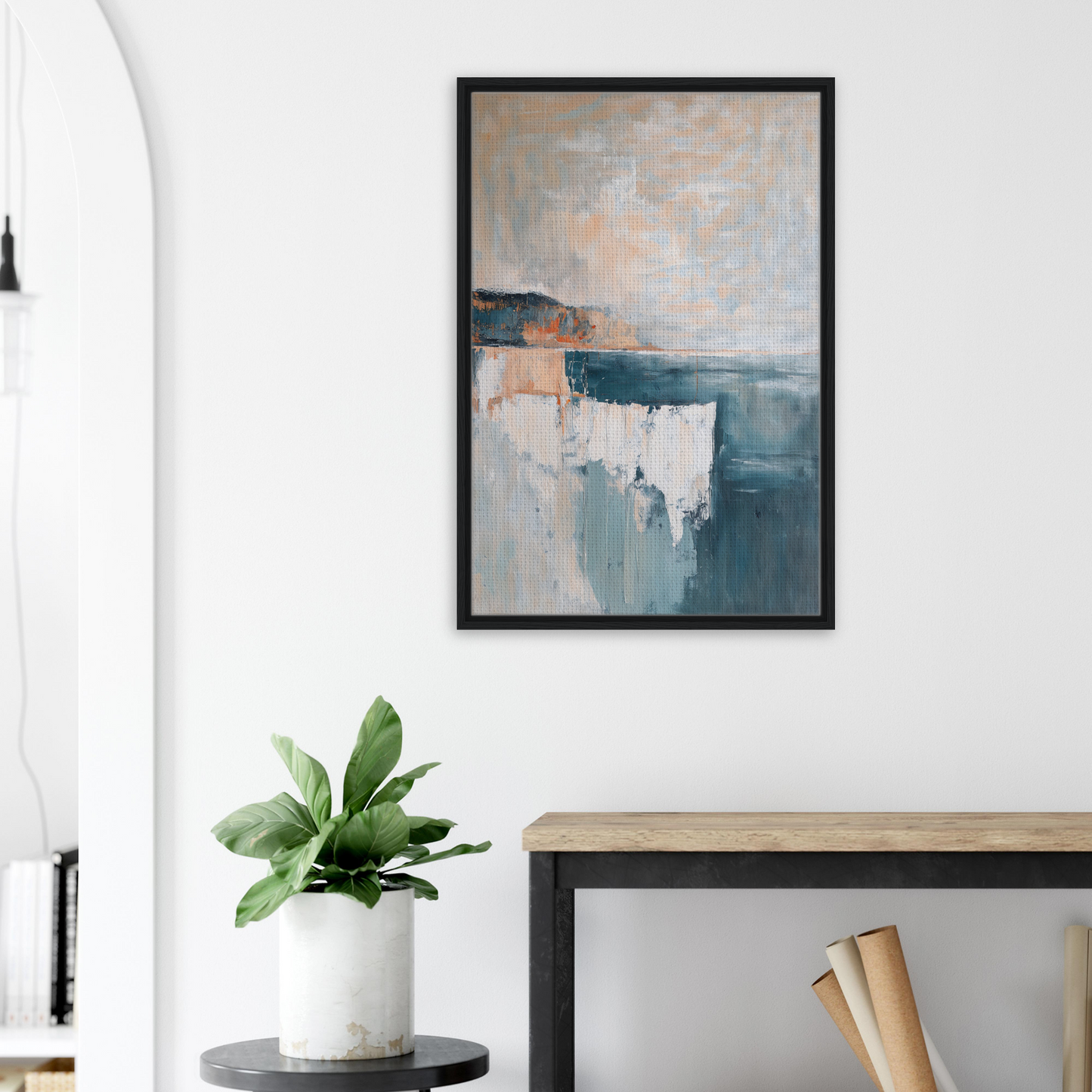 Abstract painting in muted blue, gray, and peach tones, framed as Azure Dreamscape Reverie