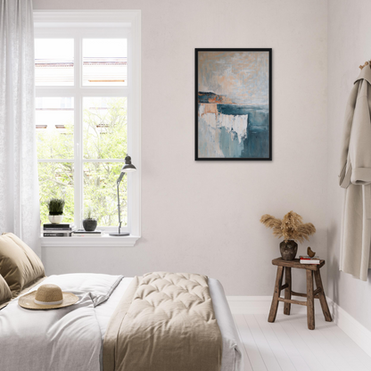 Bright, airy bedroom with minimalist decor featuring Azure Dreamscape Reverie artwork