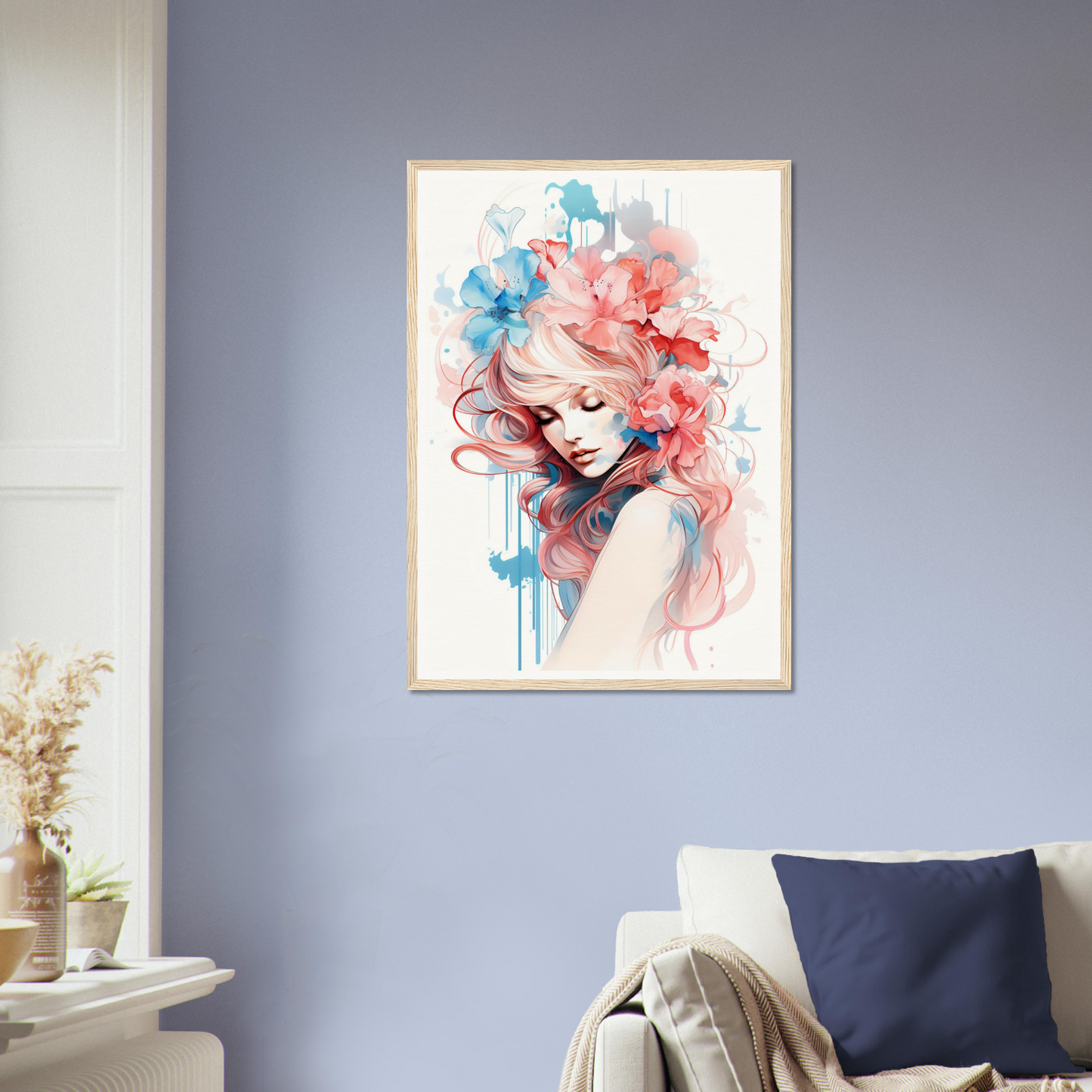 Framed watercolor-style portrait of a woman with colorful, flowing hair.