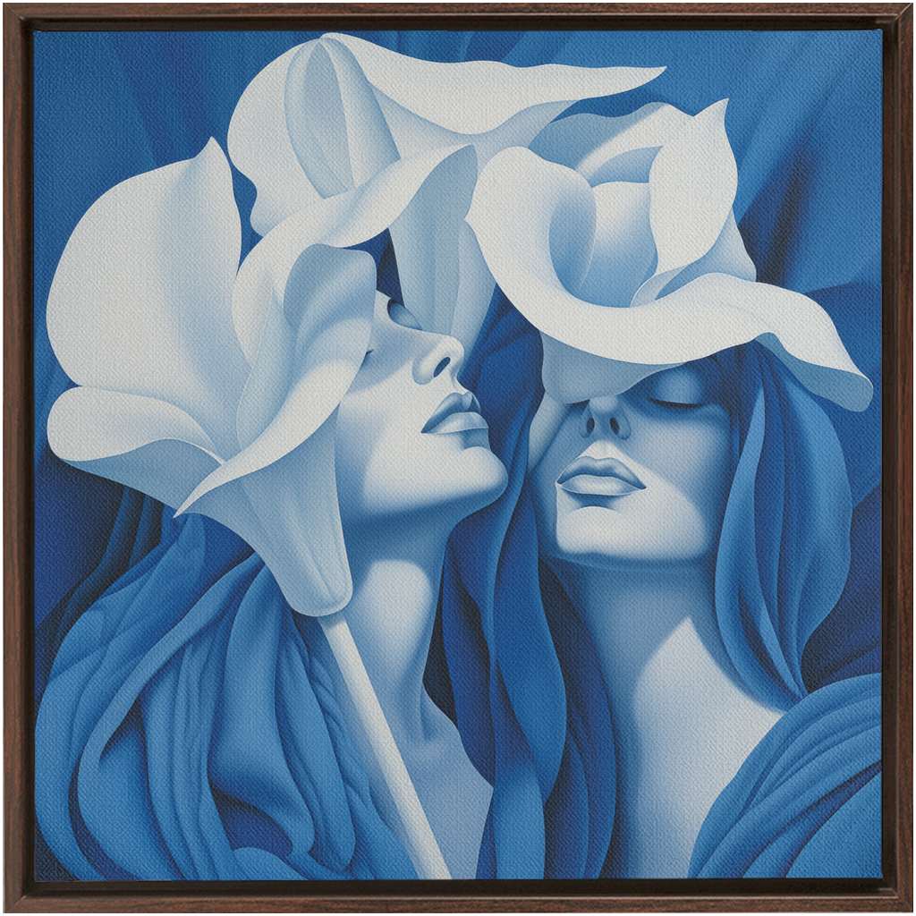 Monochromatic blue painting depicting two figures with flowing hair and floral-like headdresses.