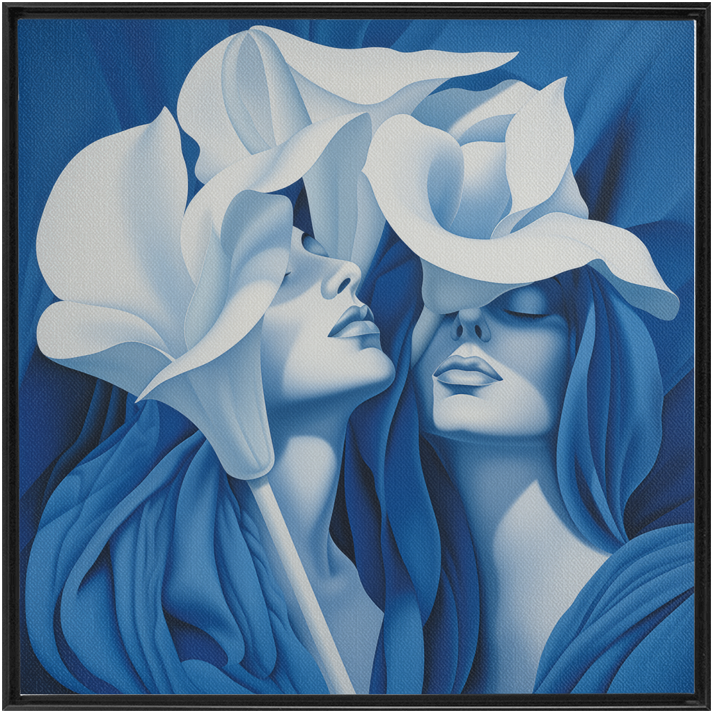 Monochromatic blue painting depicting two stylized figures with flowing, petal-like forms around their faces.