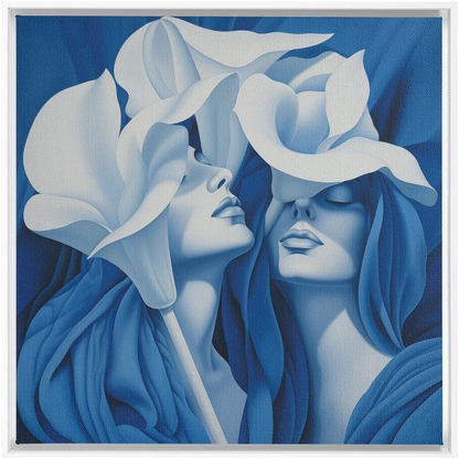 Monochromatic blue painting depicting two figures with flowing hair and floral-like headdresses.