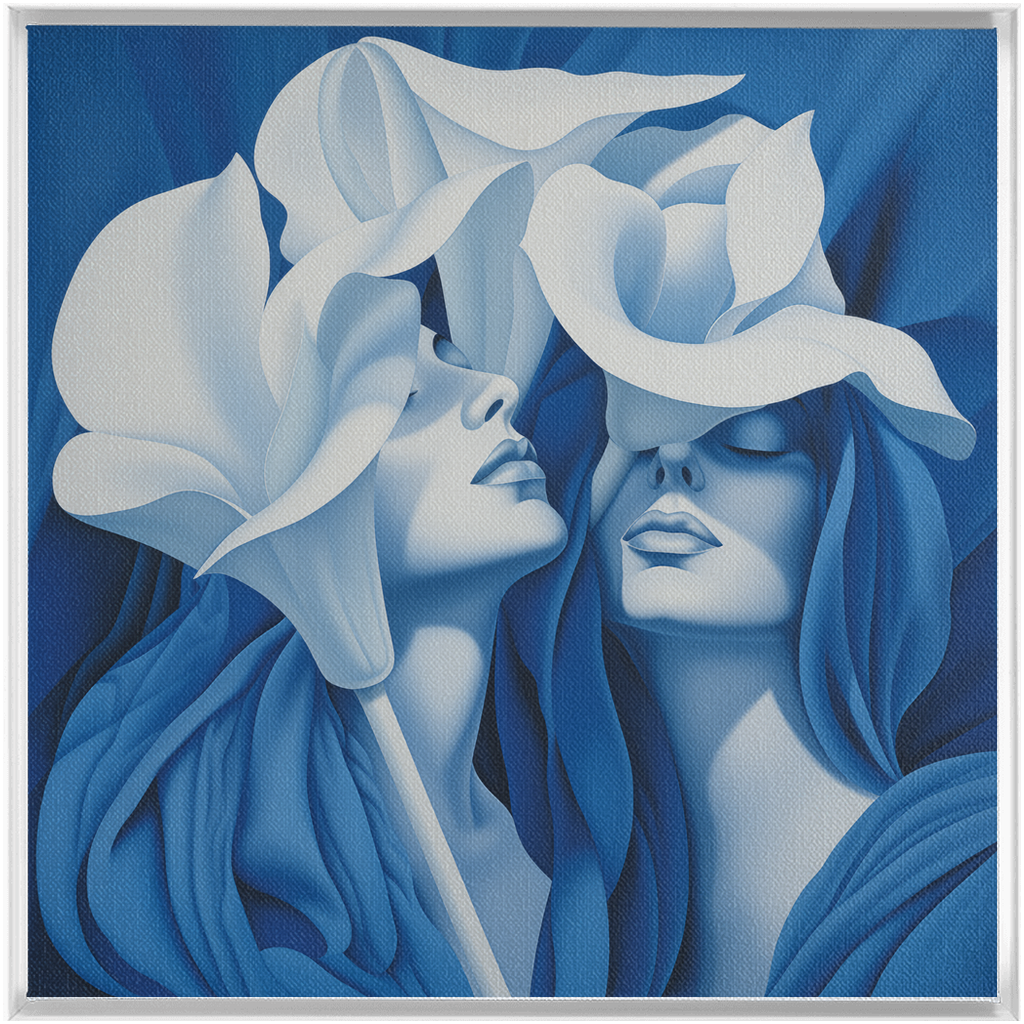 Blue-toned painting depicting two ethereal figures with flowing, petal-like forms around their heads.