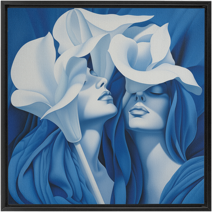 Monochromatic blue painting depicting two figures with flowing, petal-like forms around their faces.