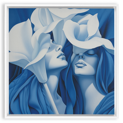 Monochromatic blue painting depicting two figures with lily-like floral elements.