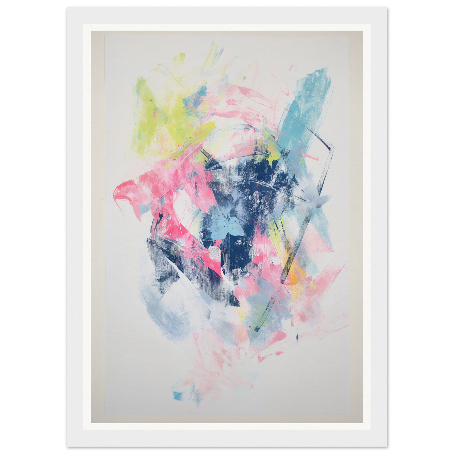 Framed wall art: abstract splashes of pink, blue, yellow, and green add flair to your room decor.