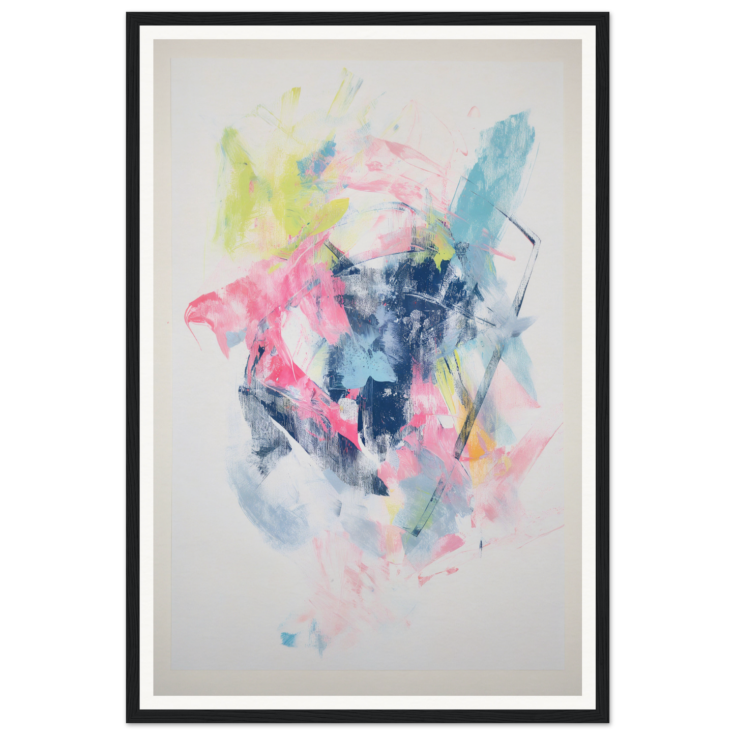 Framed wall art with streaks of pink, blue, yellow, and green on a white background.