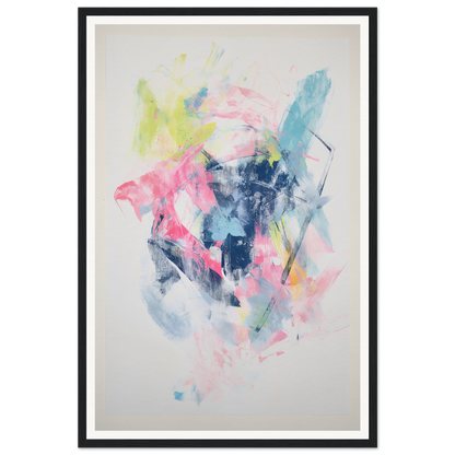 Framed wall art with streaks of pink, blue, yellow, and green on a white background.