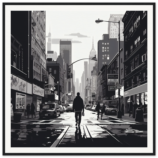 Silhouetted figure walking a city street in Solitude Charms Silhouettes framed poster