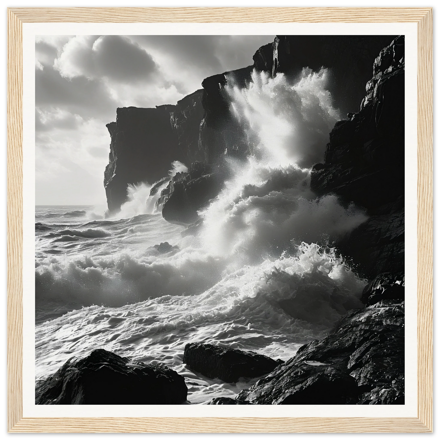 Dramatic ocean waves crash on cliffs in Ephemeral Stone Symphony framed poster