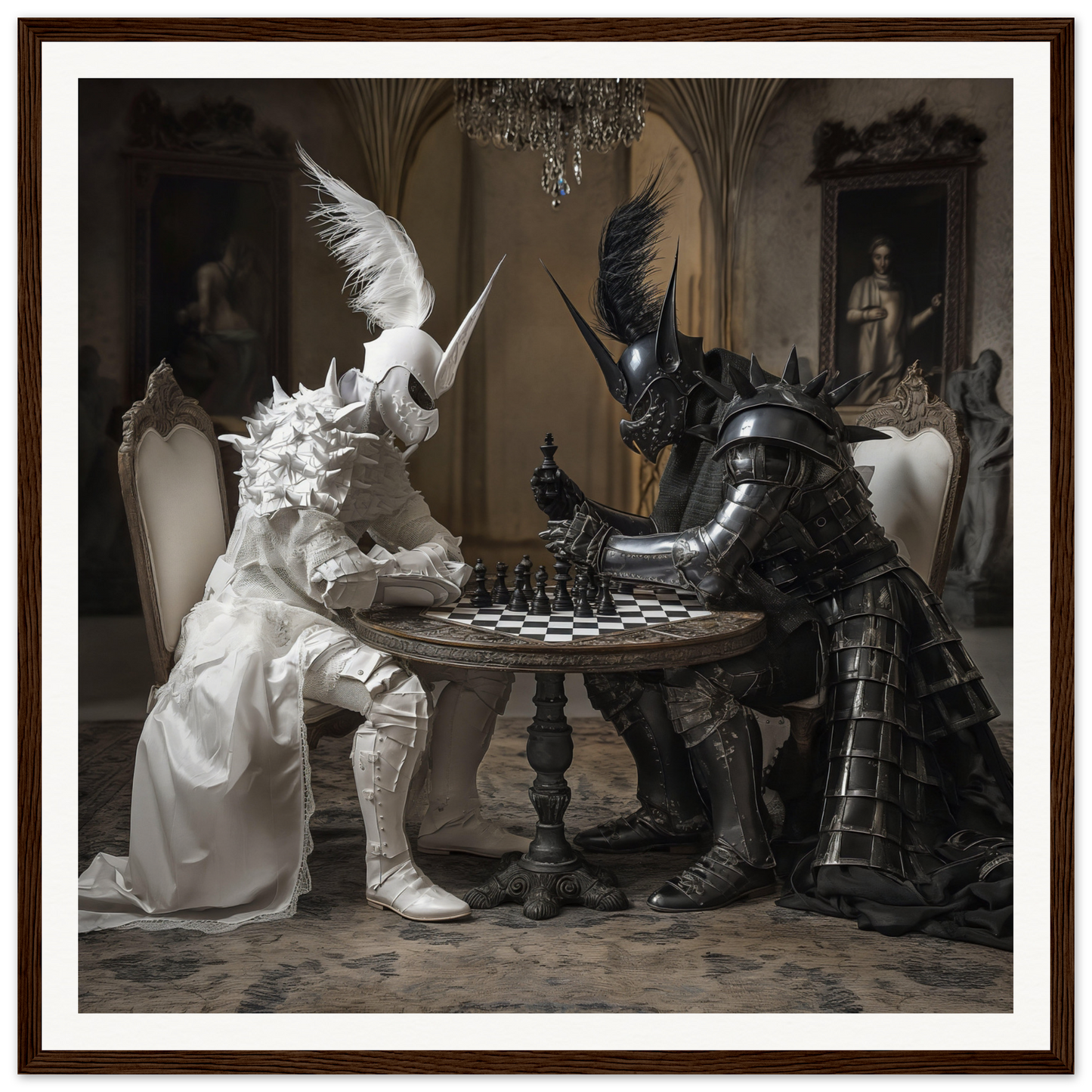 White angelic figure and black armored knight playing chess in Armor’s Silent Gambit art