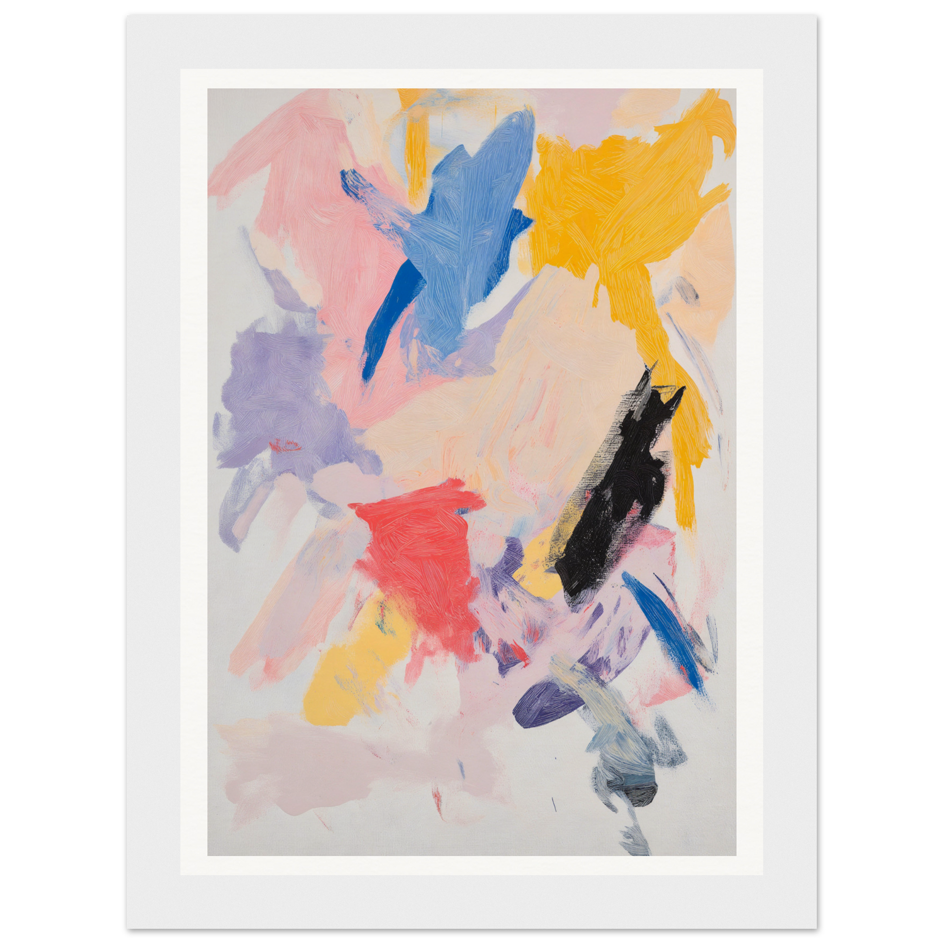 Framed wall art with bold, colorful brushstrokes on a light background.