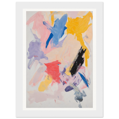 Framed wall art with bold, colorful brushstrokes on a light background.