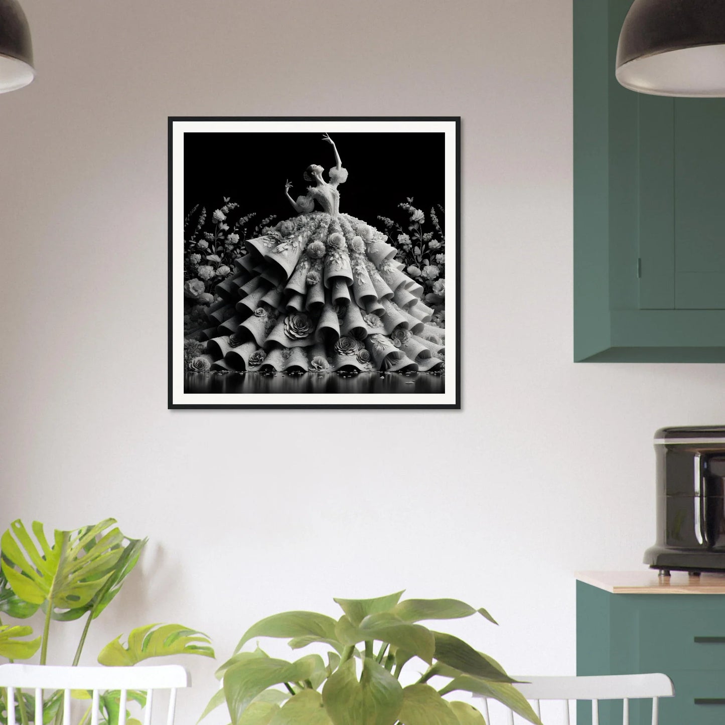 Black and white shot of a dancer in a ruffled dress for Baroque Blossom Ballet framed poster