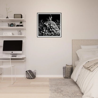 Minimalist bedroom with Baroque Blossom Ballet framed poster and sleek iMac workstation setup