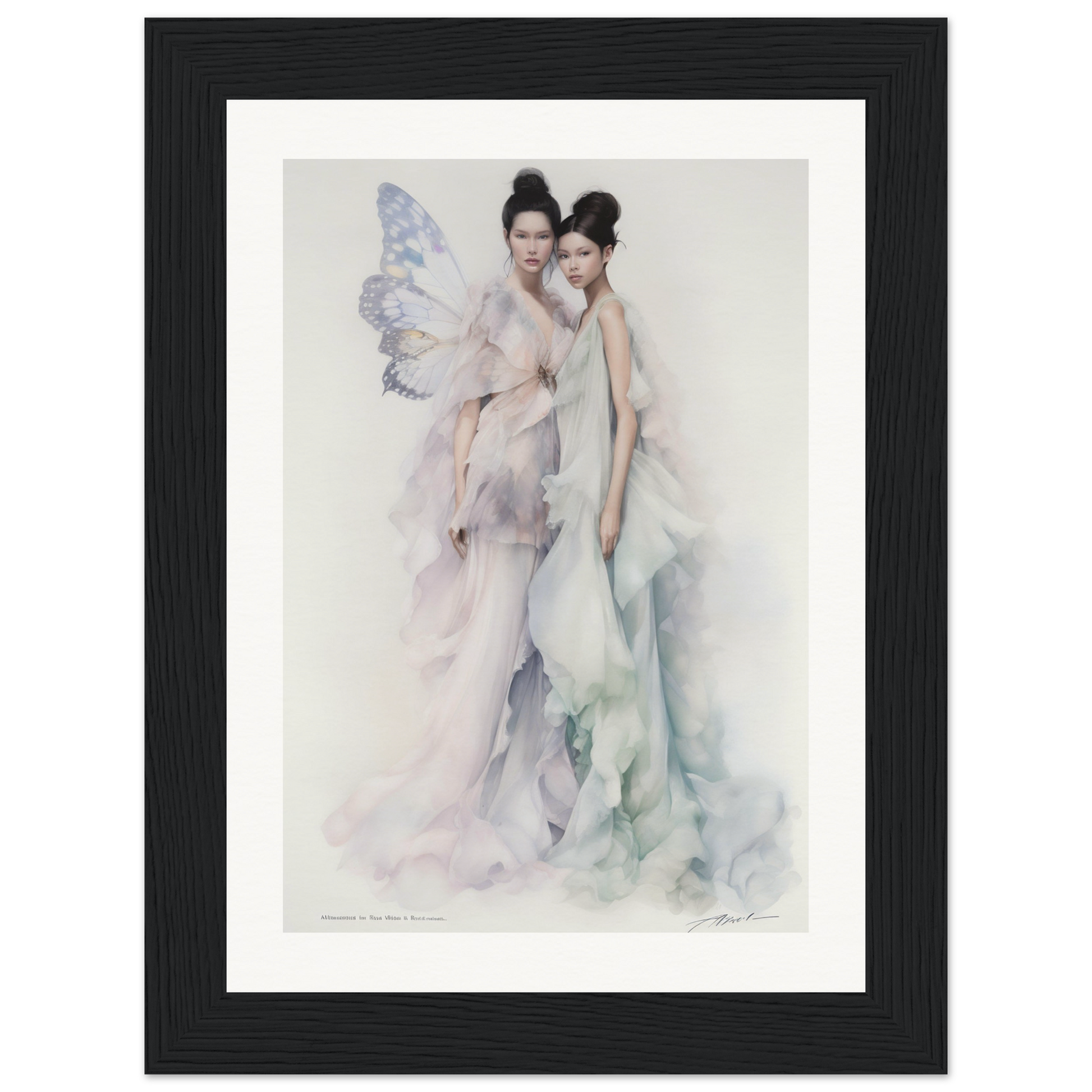 Watercolor painting of two ethereal figures in flowing dresses, one with delicate wings.