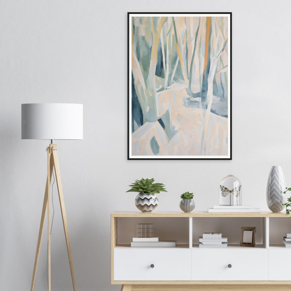 Minimalist room with framed wall art of an abstract forest above a wooden shelf with decor.