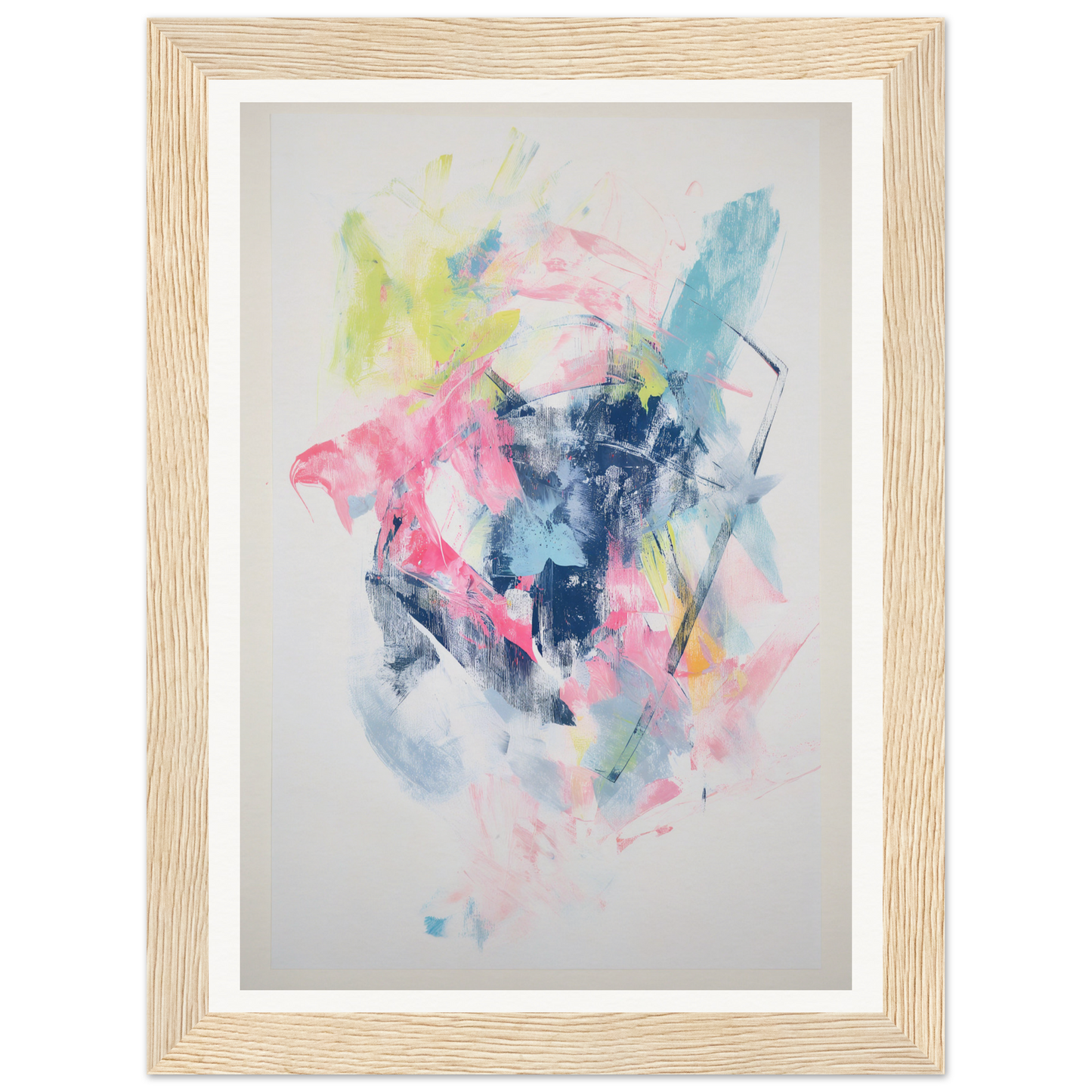 Framed wall art featuring abstract pink, blue, and yellow strokes in a light wood frame.