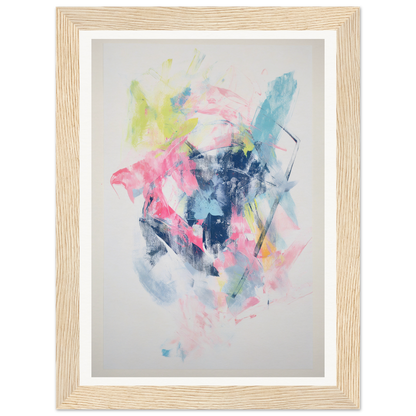 Framed wall art featuring abstract pink, blue, and yellow strokes in a light wood frame.