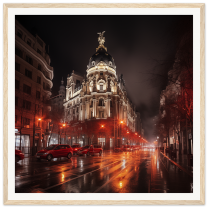 Ornate domed Metropolis building in Madrid glowing at night for Majestic Night Reverie