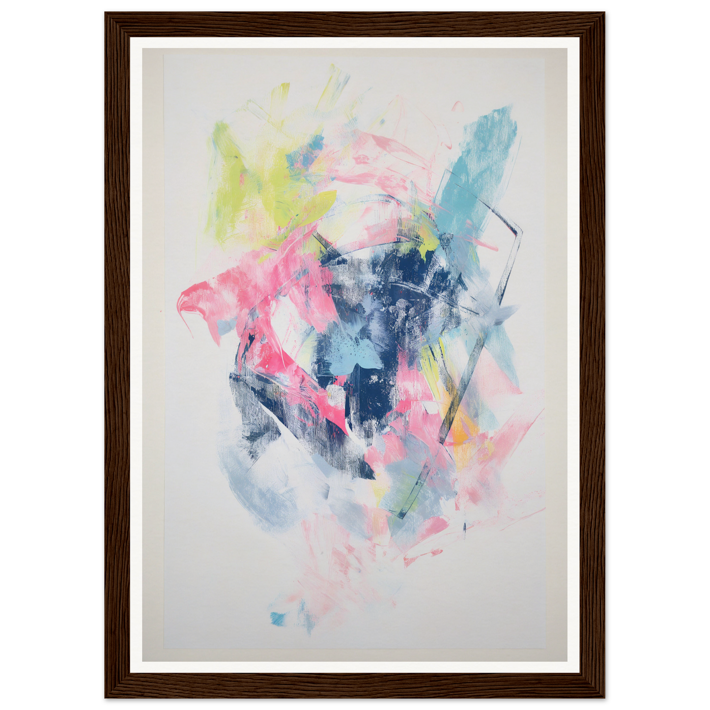 Framed wall art with abstract pink, blue, and yellow strokes in a brown frame.